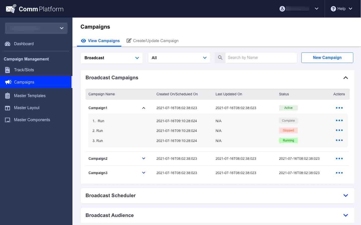 Communication Platform UI — dashboard