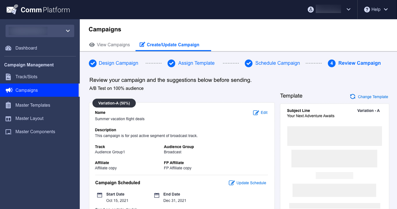 Communication Platform UI — flow builder detail