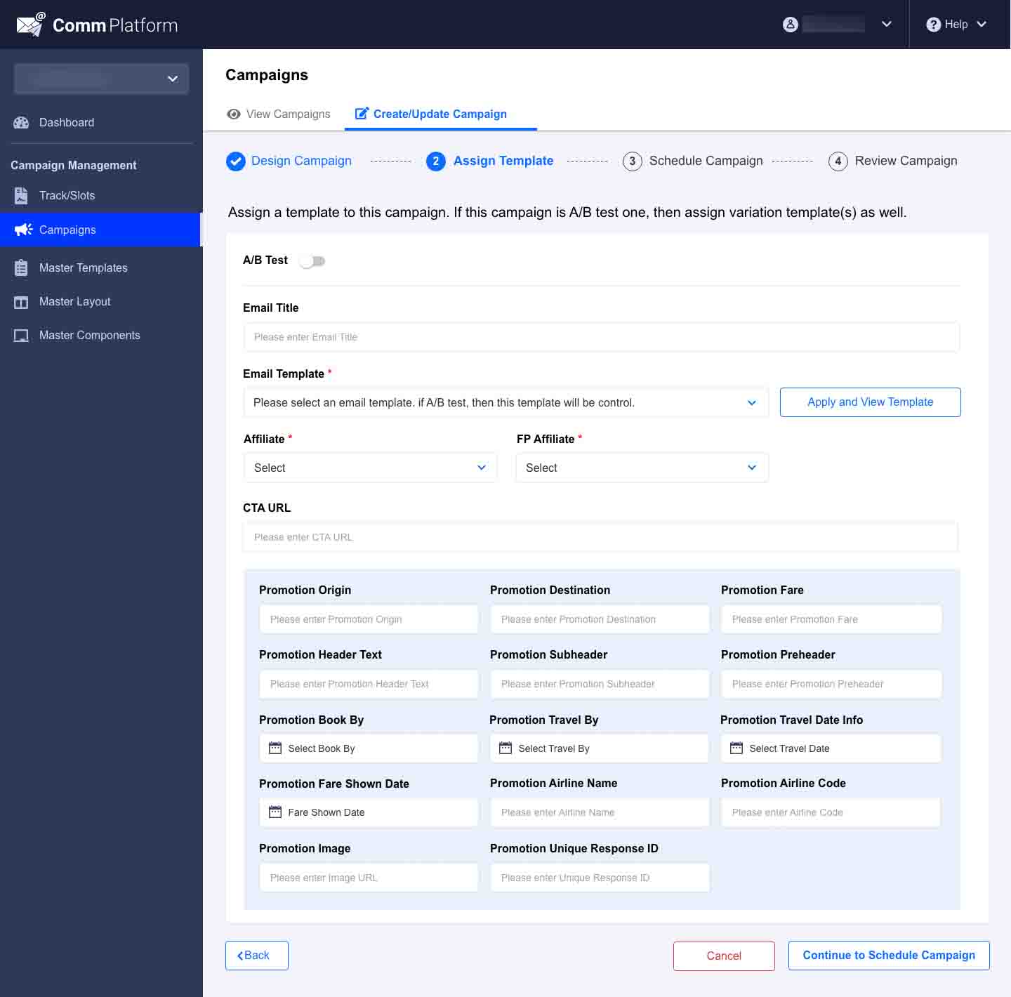 Communication Platform UI — campaign list